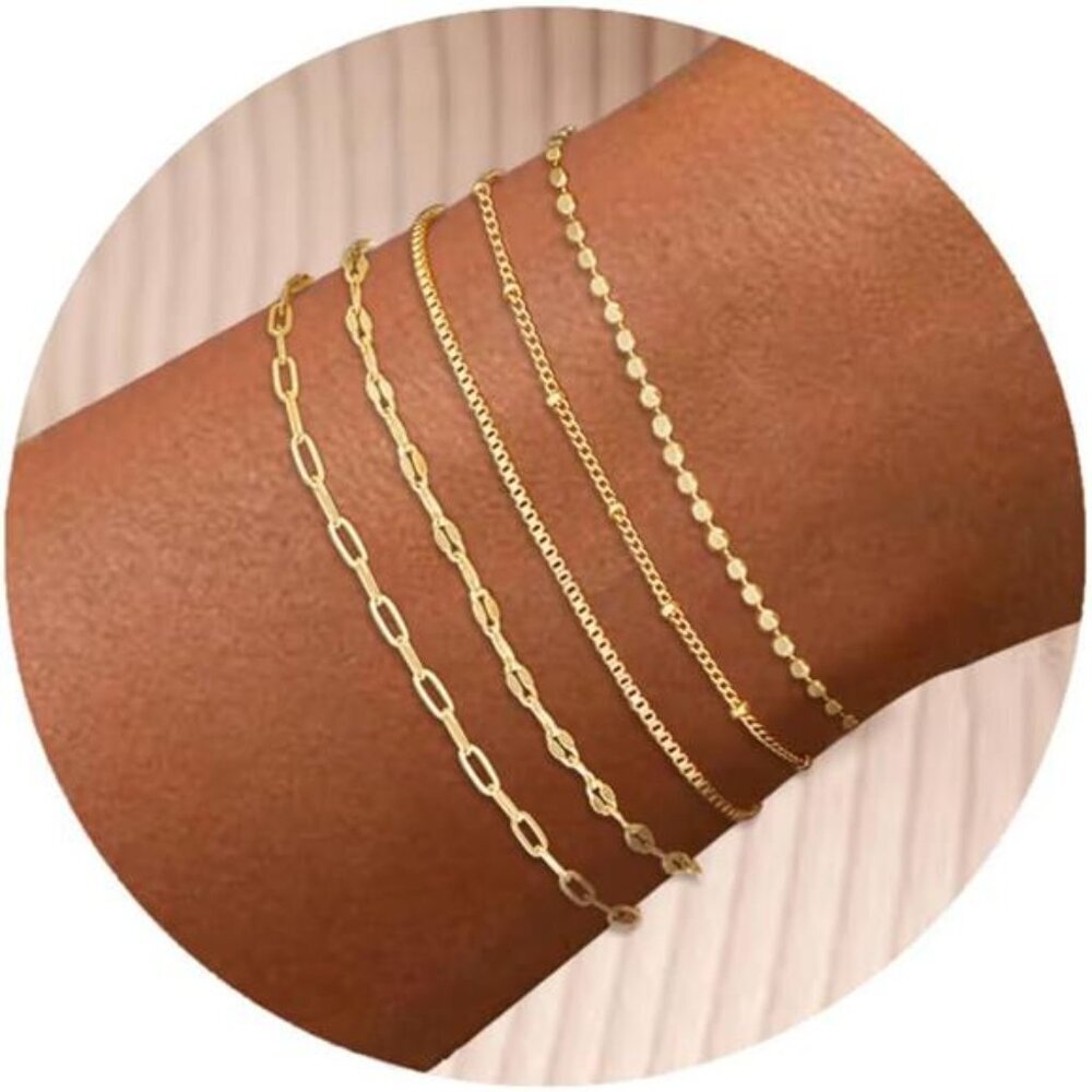 Gold Bracelets for Women, Trendy Adjustable 14K Gold Plated Stackable Link